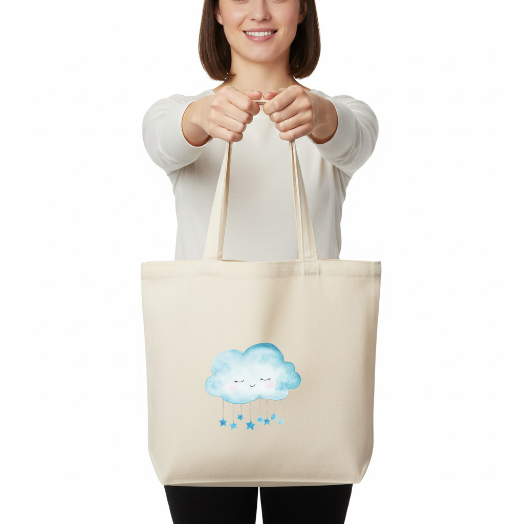 Watercolor Sleepy Cloud and Blue Stars Horizontal Canvas Tote Bag