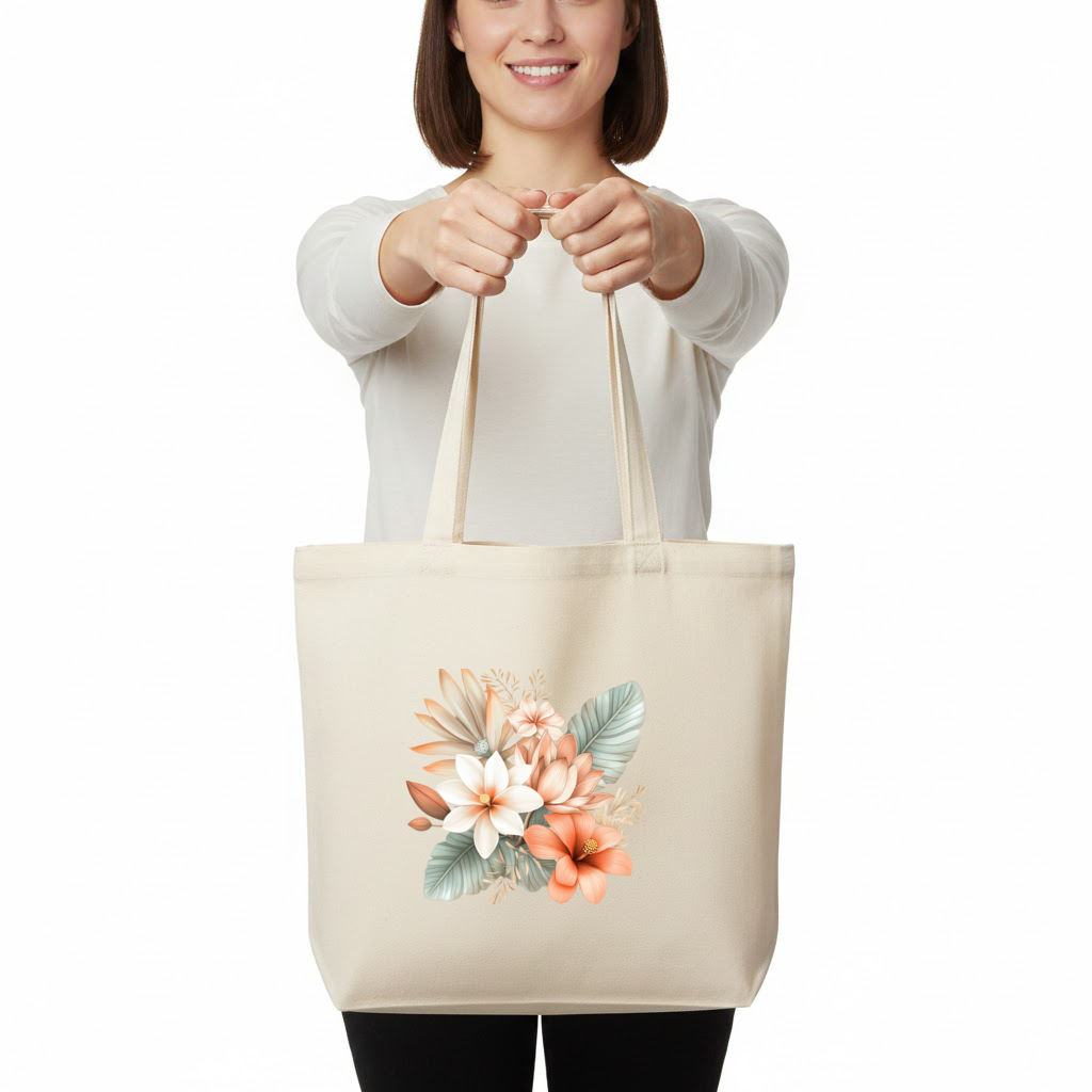 Soft Peach Tropical Floral Bouquet Horizontal Canvas Tote Bag