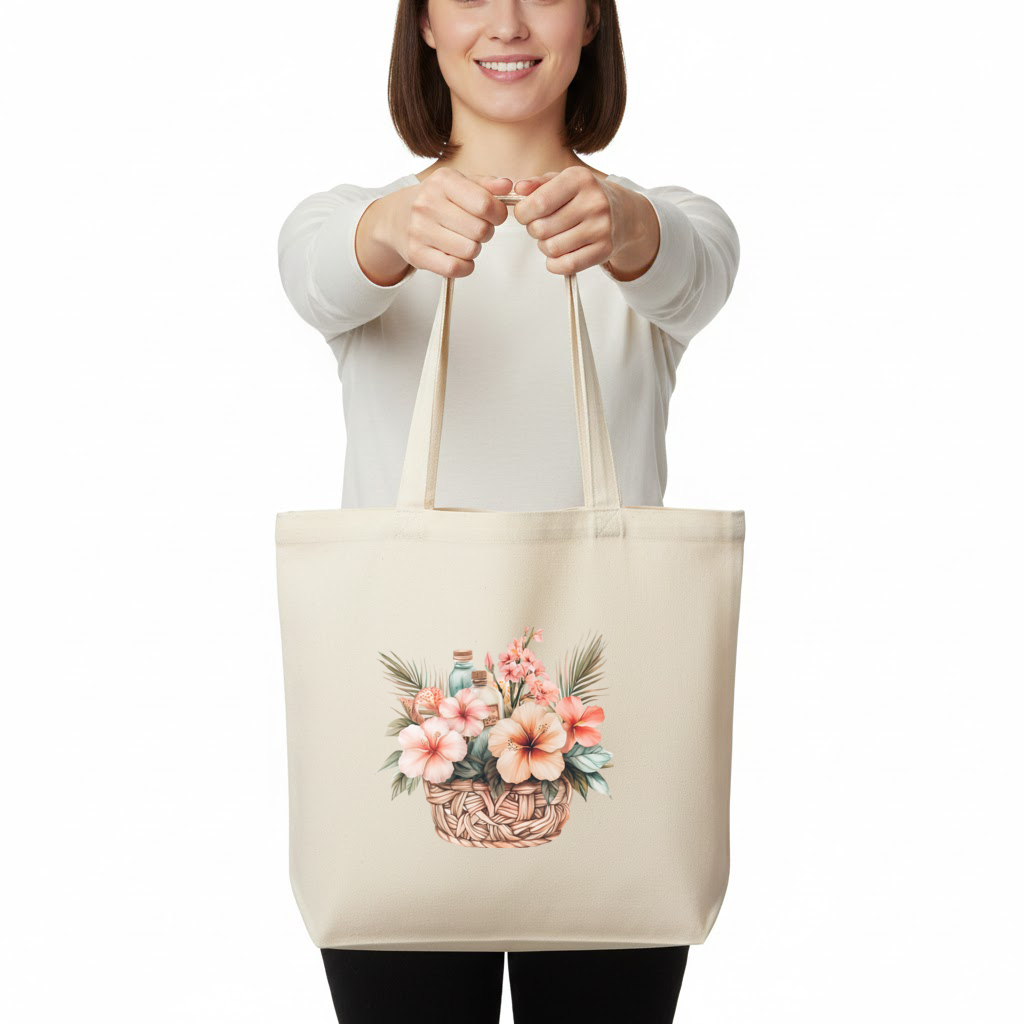 Tropical Hibiscus Flower Woven Basket Horizontal Canvas Tote Bag