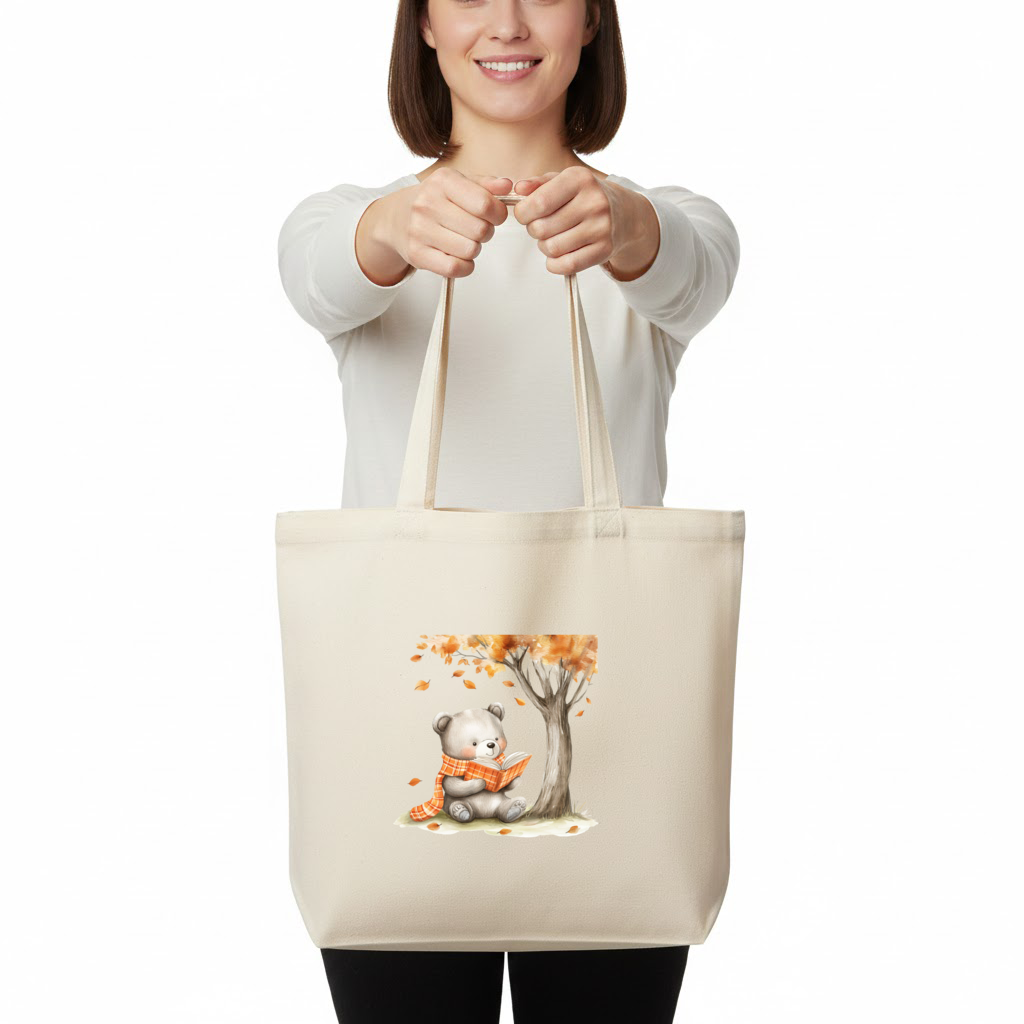 Reading Bear with Orange Scarf Horizontal Canvas Tote Bag