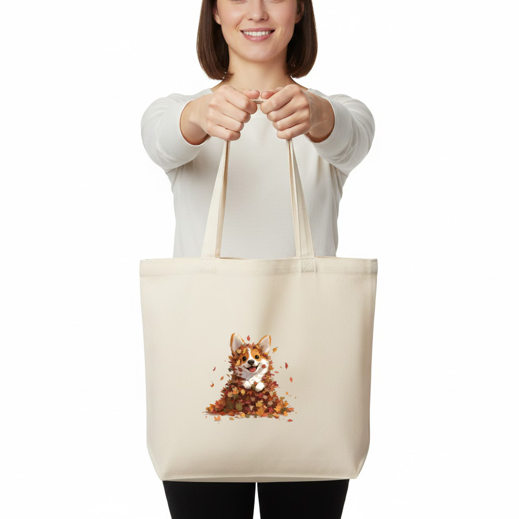 Happy Corgi Puppy in Fall Leaves Horizontal Canvas Tote Bag