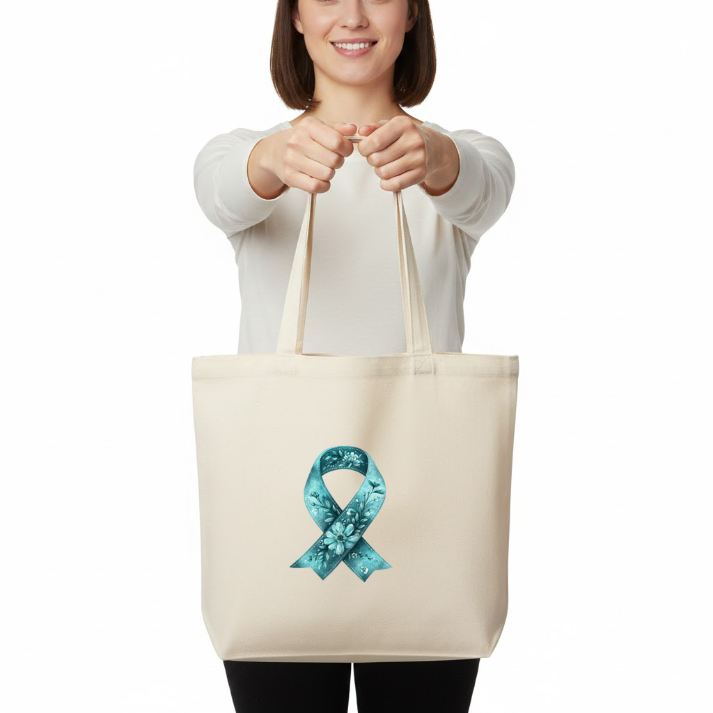 Floral Teal Awareness Ribbon Horizontal Canvas Tote Bag