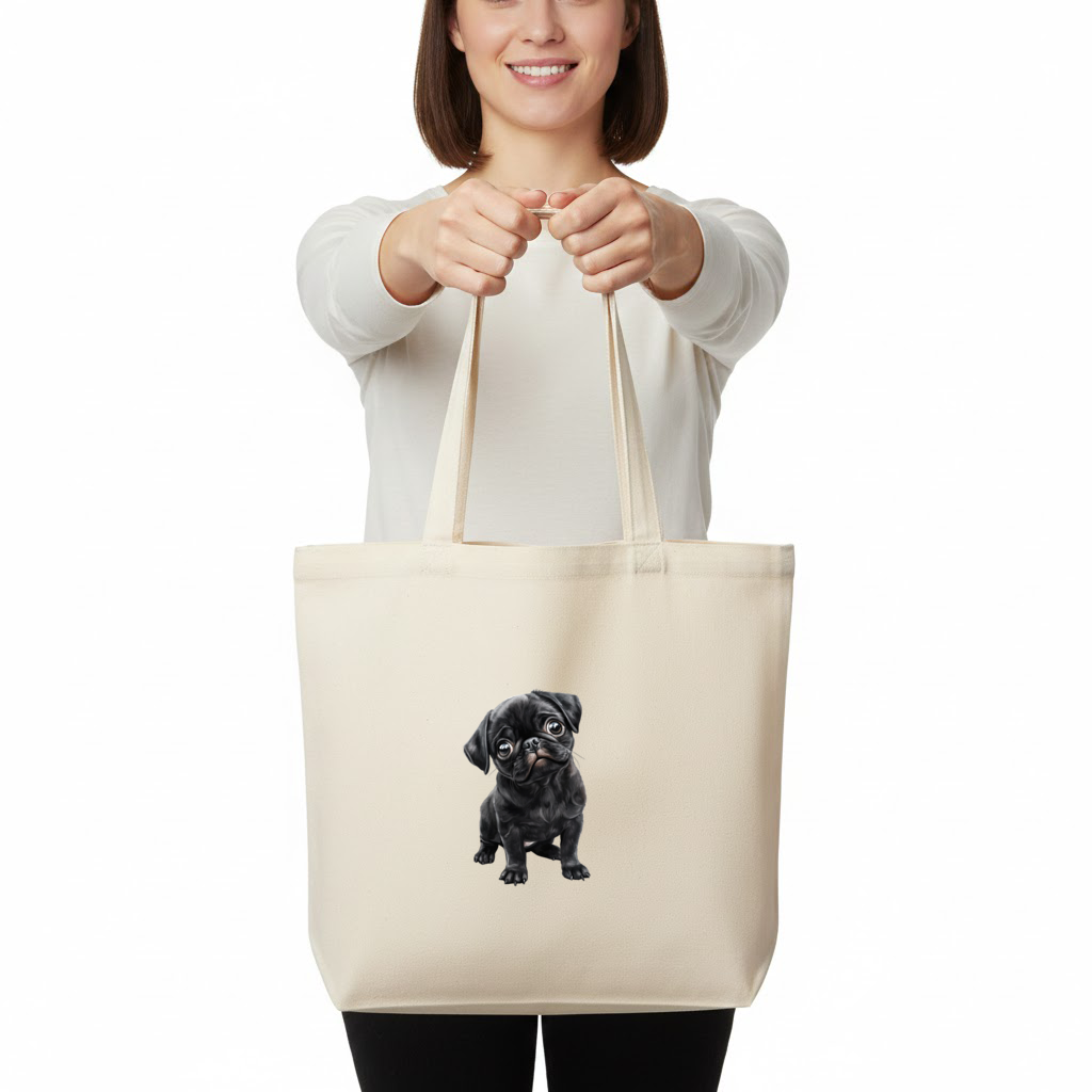 Masum Bakışlı Siyah Pug Yavrusu Yatay Canvas Çanta