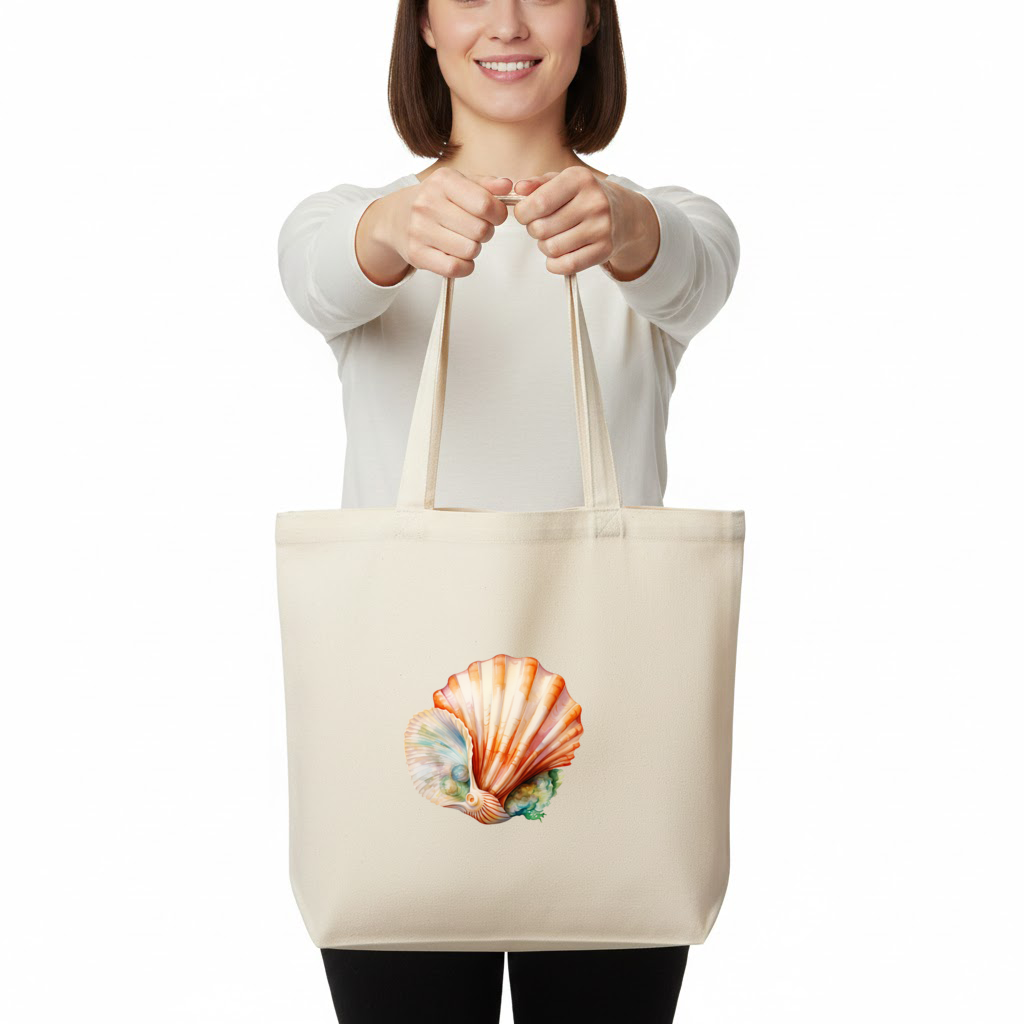 Iridescent Pearls in Orange Scallop Seashell Horizontal Canvas Tote Bag
