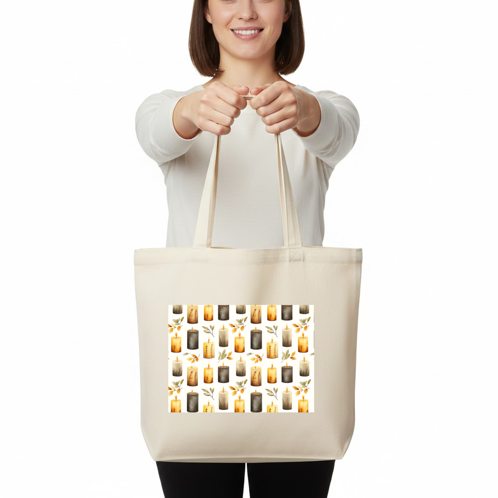 Warm Neutral Autumn Candles and Leaves Horizontal Canvas Tote Bag