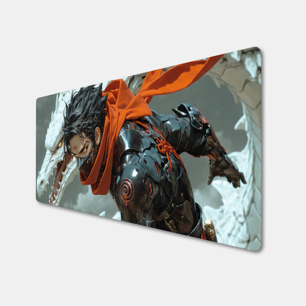 Dark Anime Warrior with Red Cloak and Dragon Mouse Pad