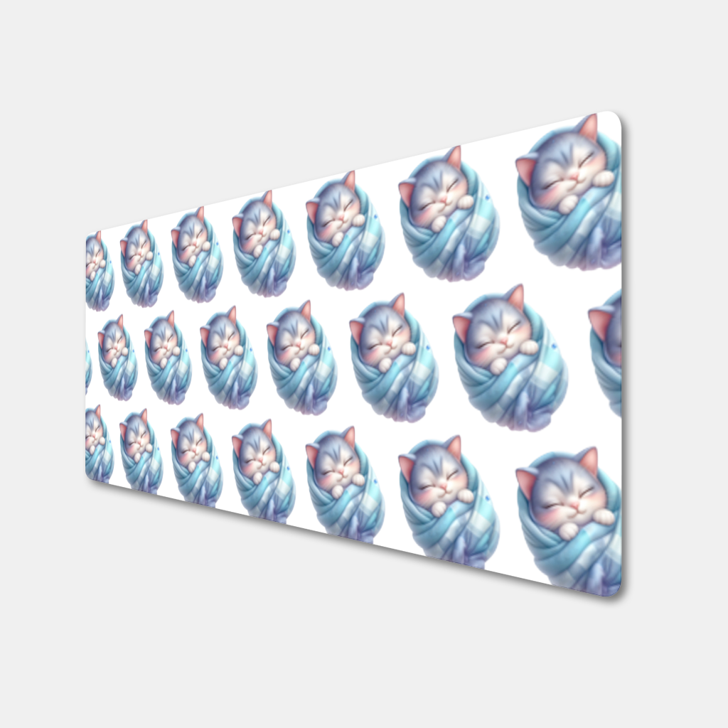 Kawaii Sleeping Kitten in Blue Swaddle Mouse Pad
