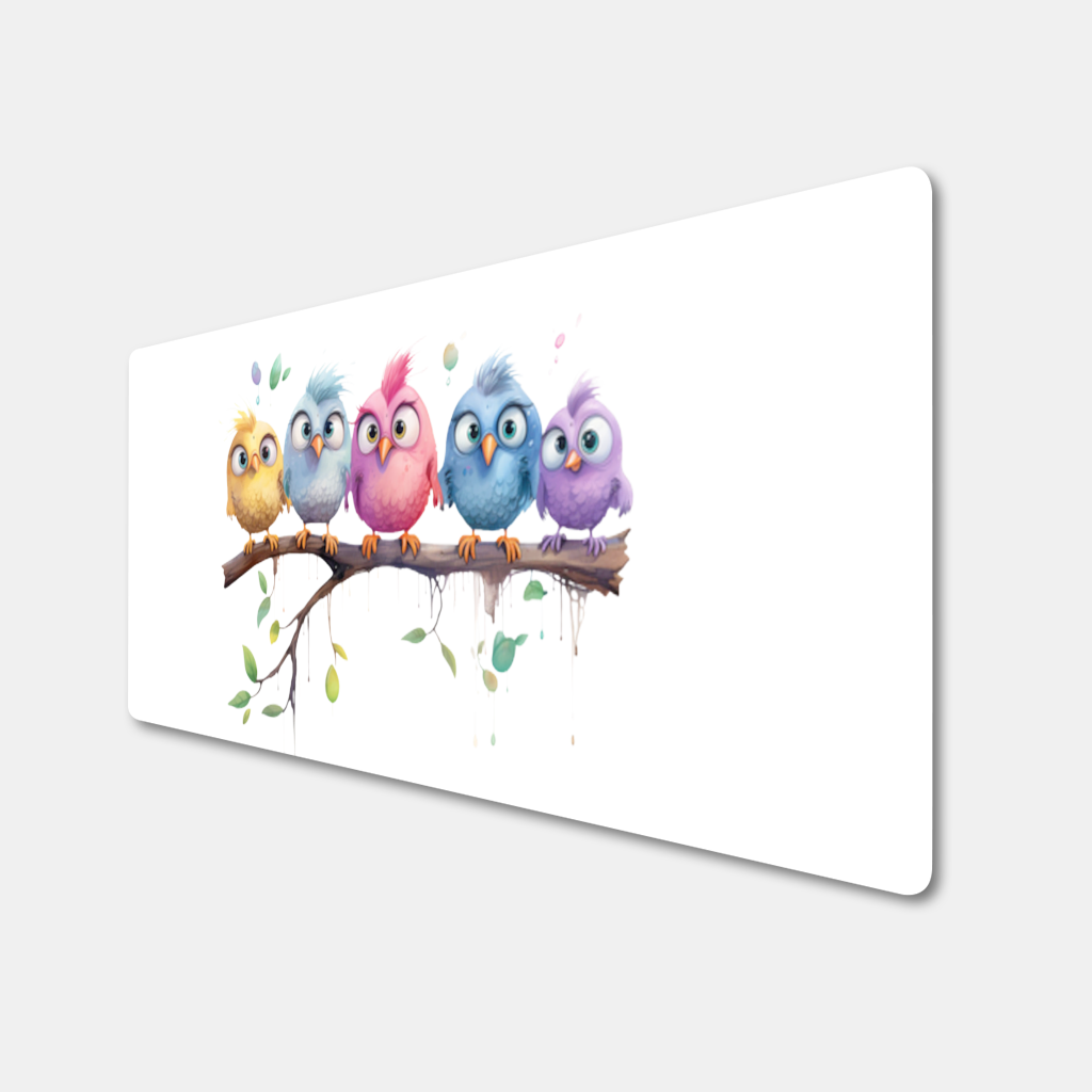 Five Colorful Kawaii Birds on Branch 