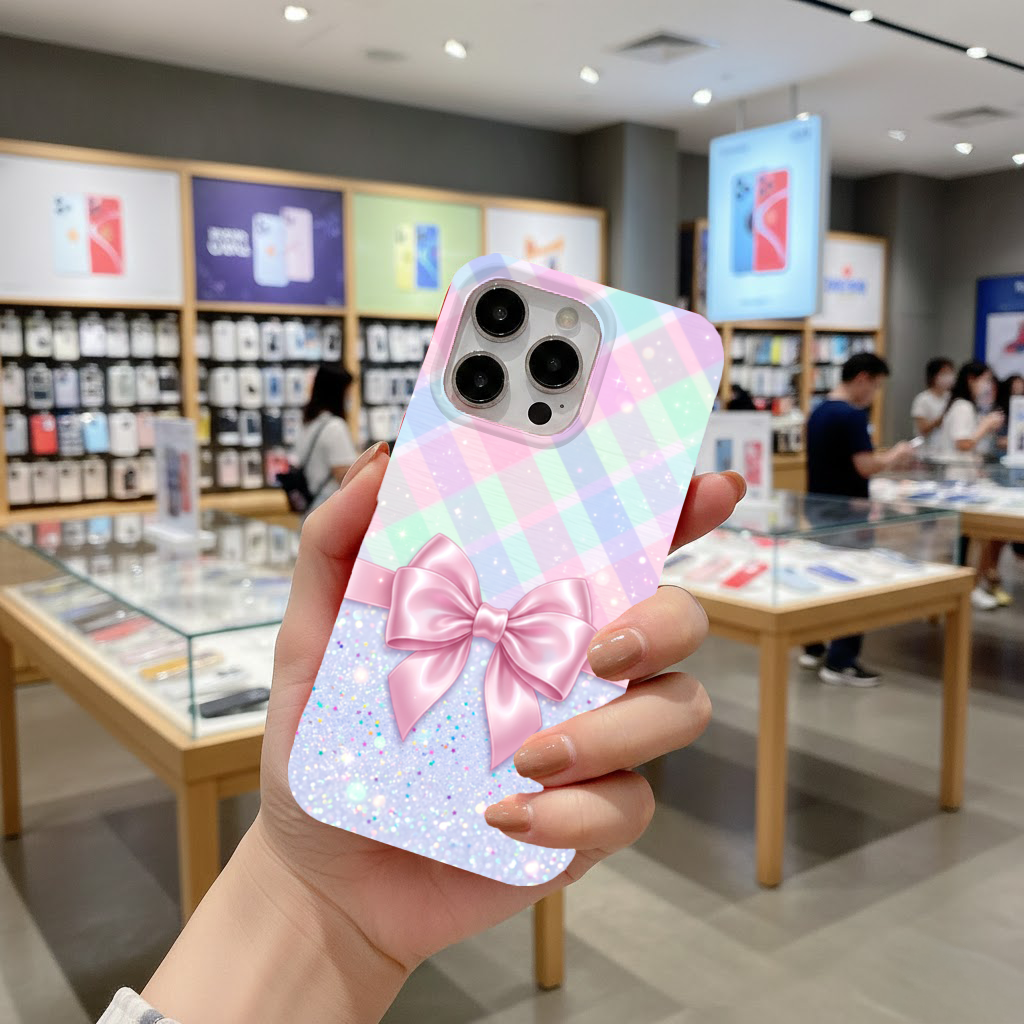 Elegant pink satin bow with pastel plaid background iPhone 16 Pro Case