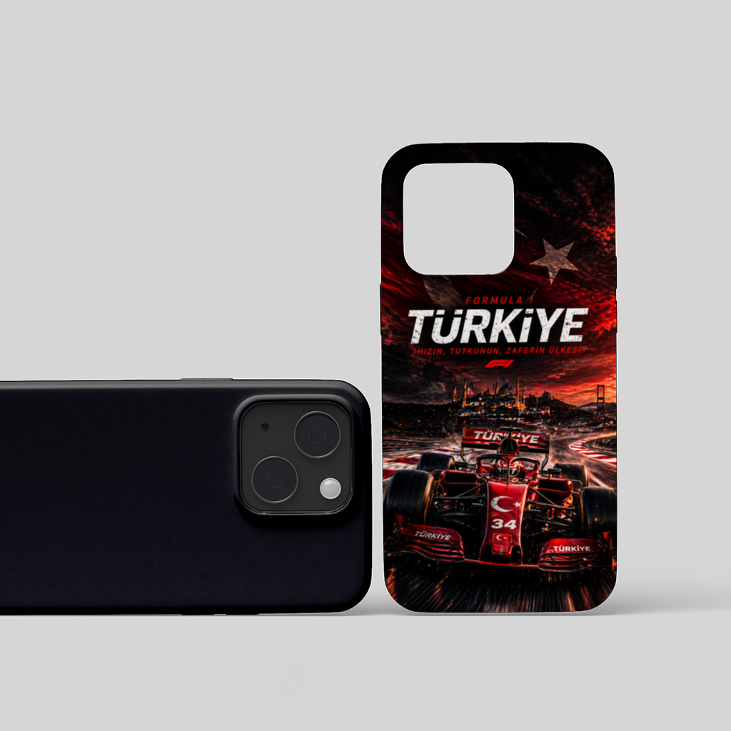 Red Racing Car over Istanbul Skyline iPhone 15 Case
