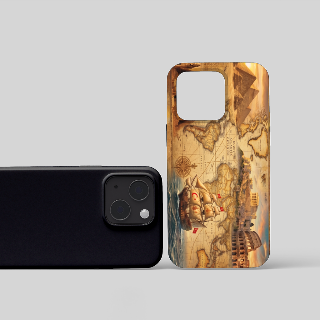 Retro World Map with Ancient Ruins Concept iPhone 15 Case