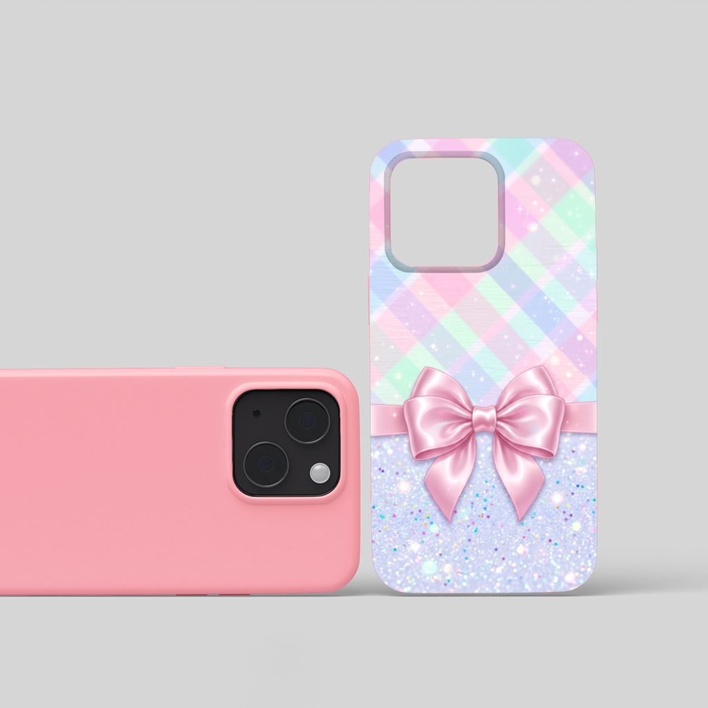 Elegant pink satin bow with pastel plaid background iPhone 15 Case