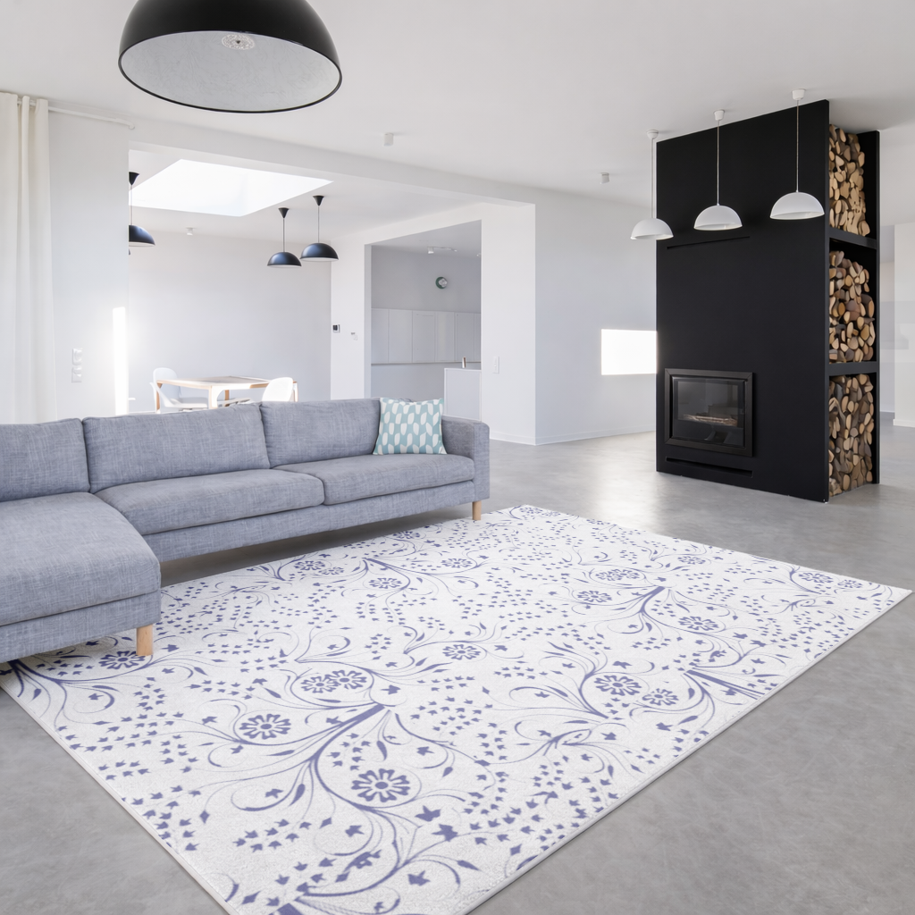 Blue White Vintage Floral Pattern Living room carpet