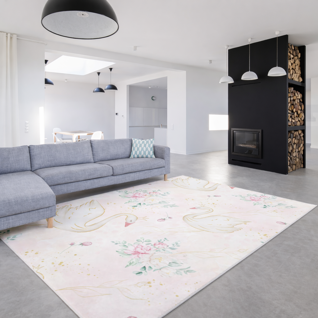 Pastel Watercolor Swan Floral Pattern Living room carpet