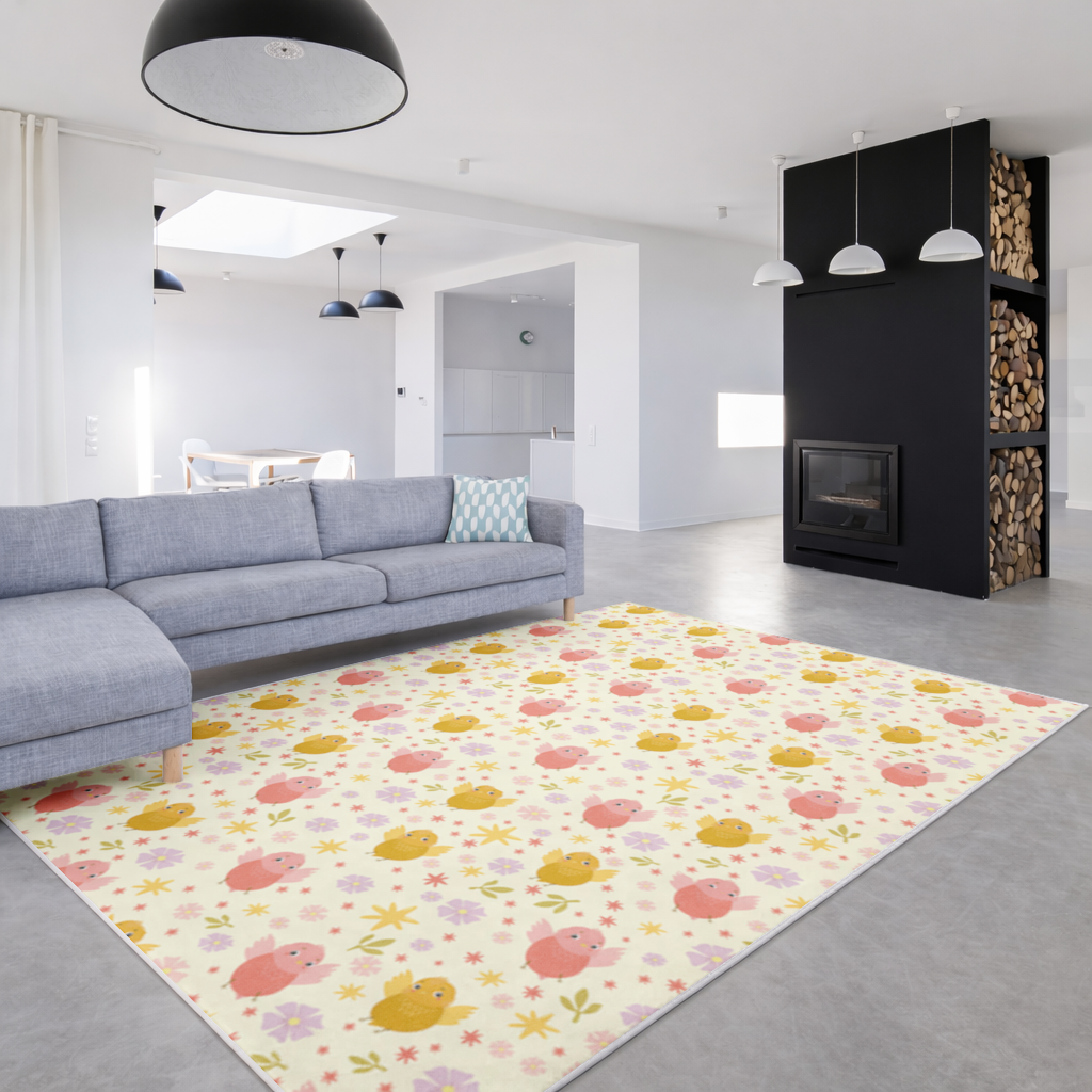 Cute Birds and Floral Pastel Spring Pattern Illustration Living room carpet