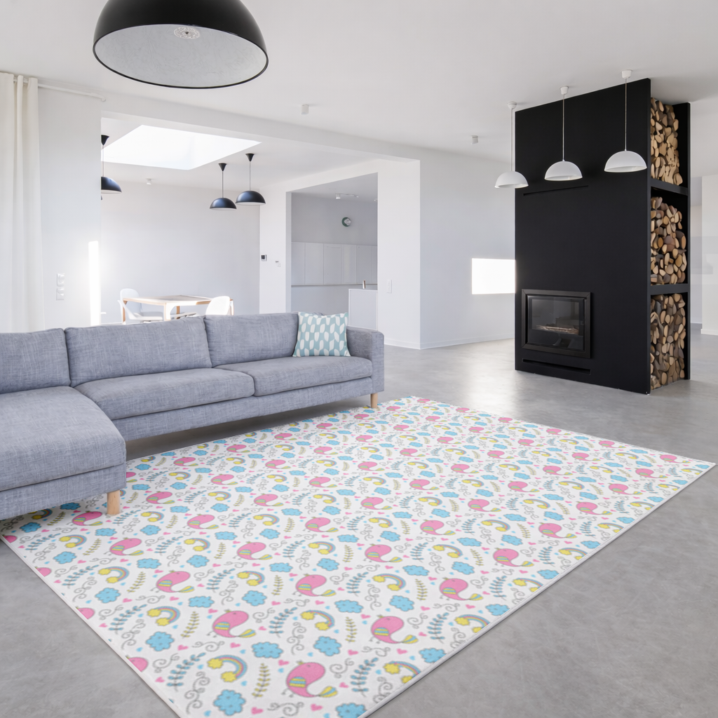 Cute Pink Bird and Rainbow Kids Pattern Living room carpet