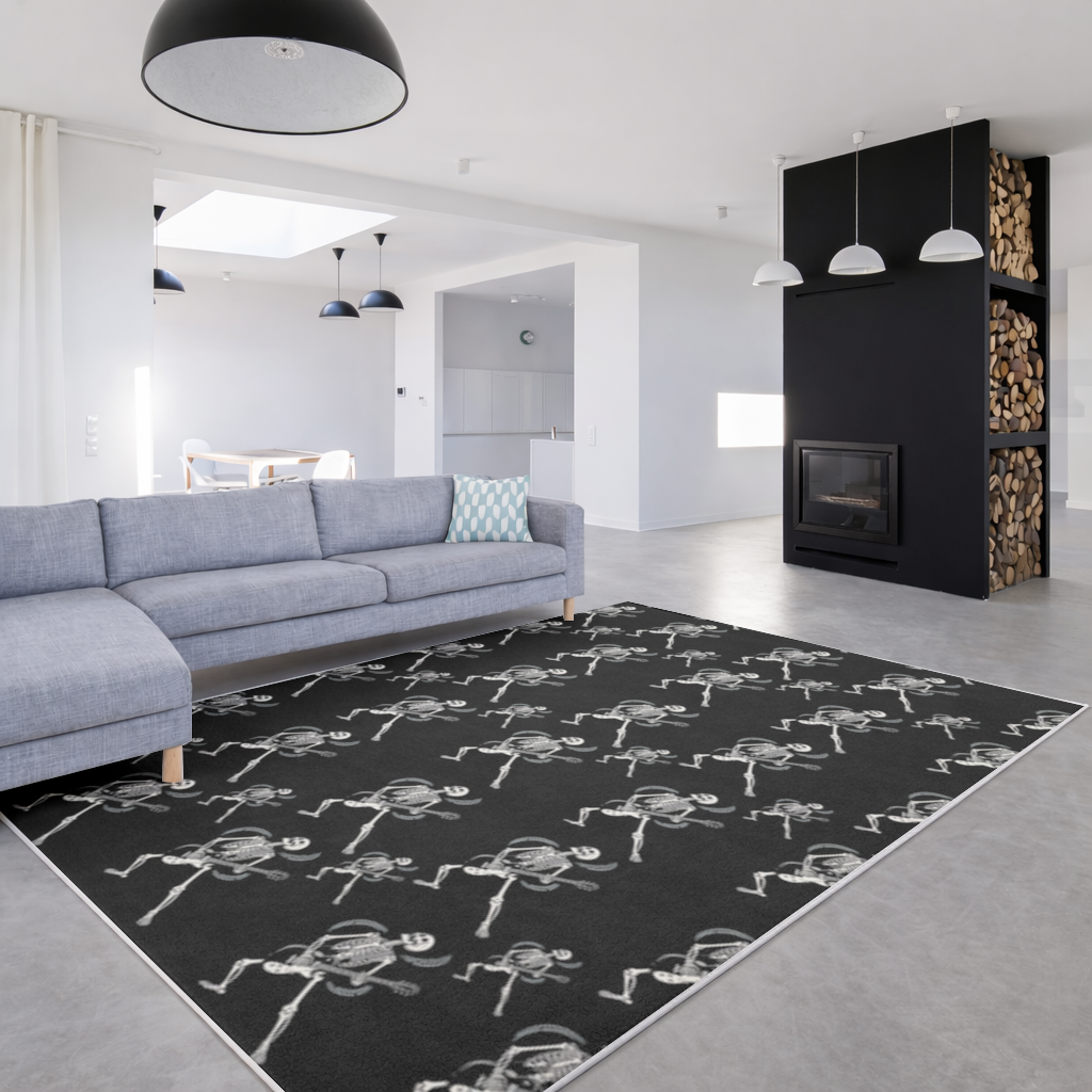 Rock Guitar Playing Skeleton Pattern on Black Living room carpet