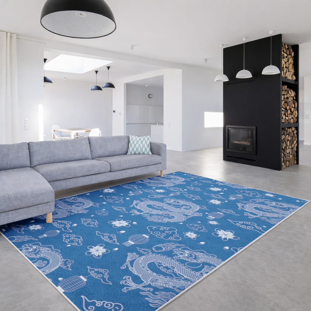 Traditional Dragon Pattern on Blue Background Living room carpet