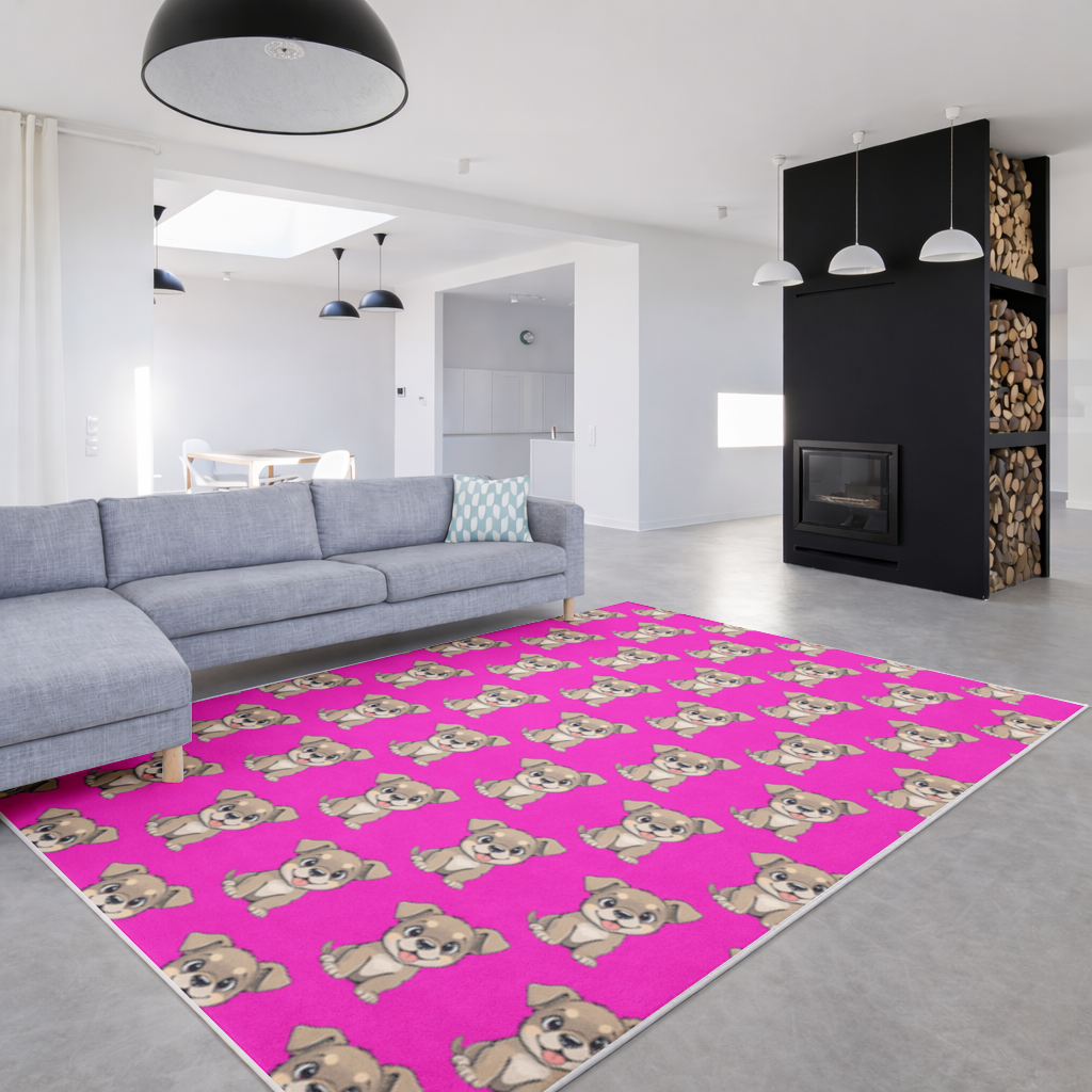 Pembe Arka Planlı Sevimli Köpek Çizimi Salon Halısı