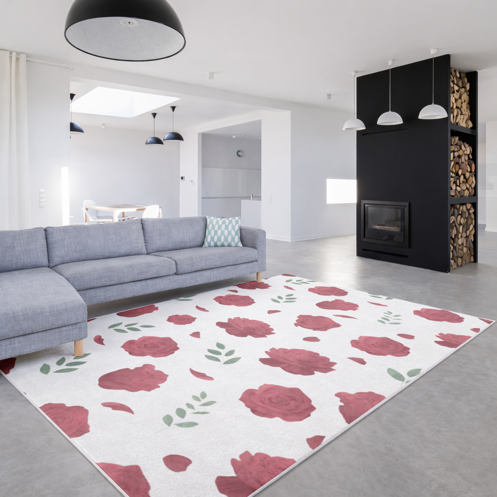 Kırmızı Gül ve Yaprak Desenli Romantik Arka Plan Salon Halısı