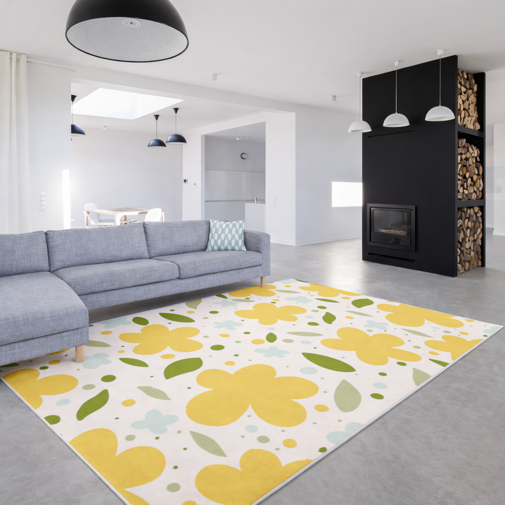 Yellow Floral and Leaf Boho Seamless Pattern Living room carpet