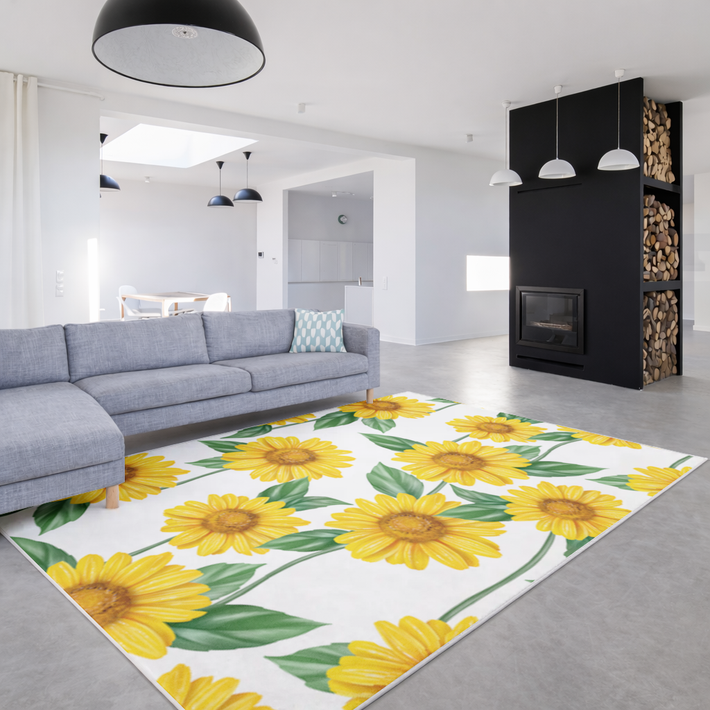 Vibrant Yellow Sunflower and Green Leaf Pattern Illustration Living room carpet