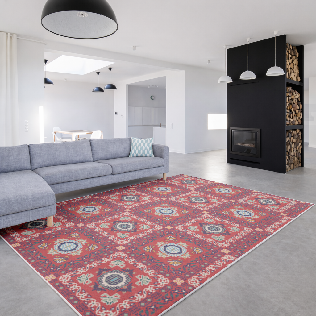 Traditional Kilim Inspired Red Ethnic Geometric Pattern Living room carpet