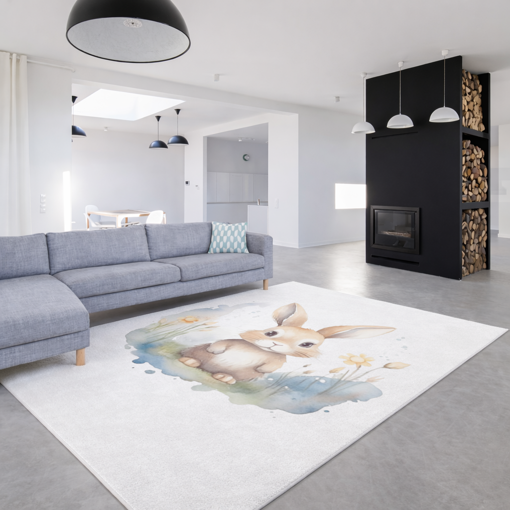 Cute Bunny Watercolor Illustration Living room carpet