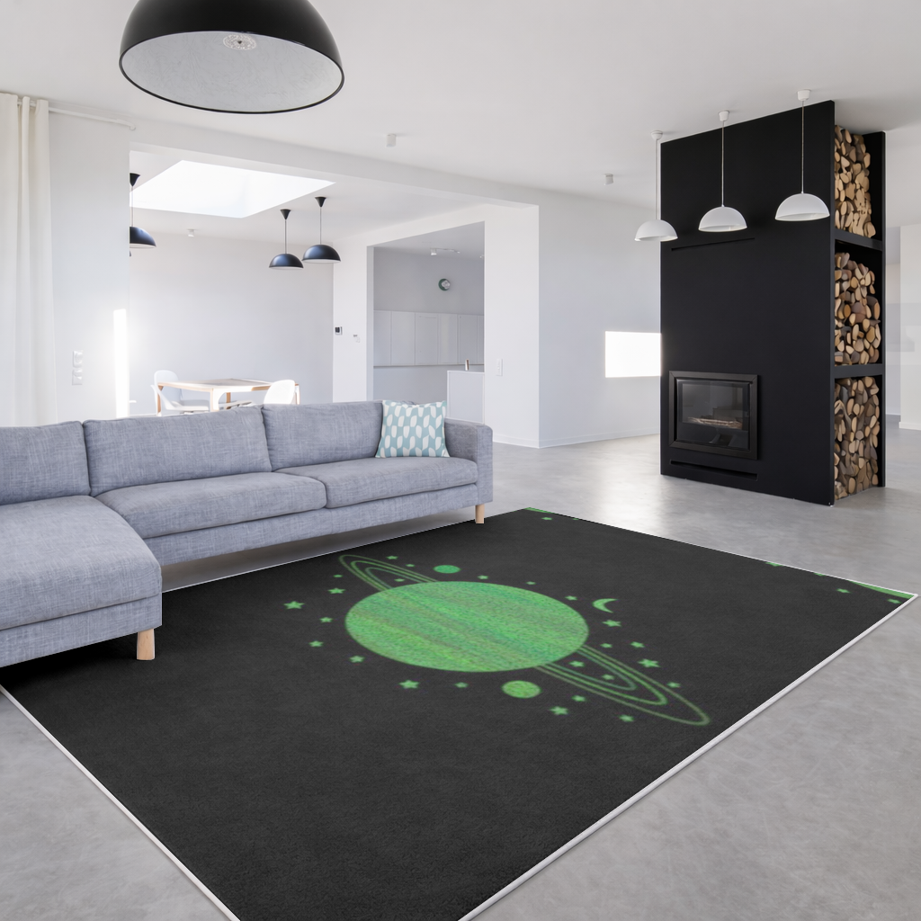 Green planets on a black background. Living room carpet