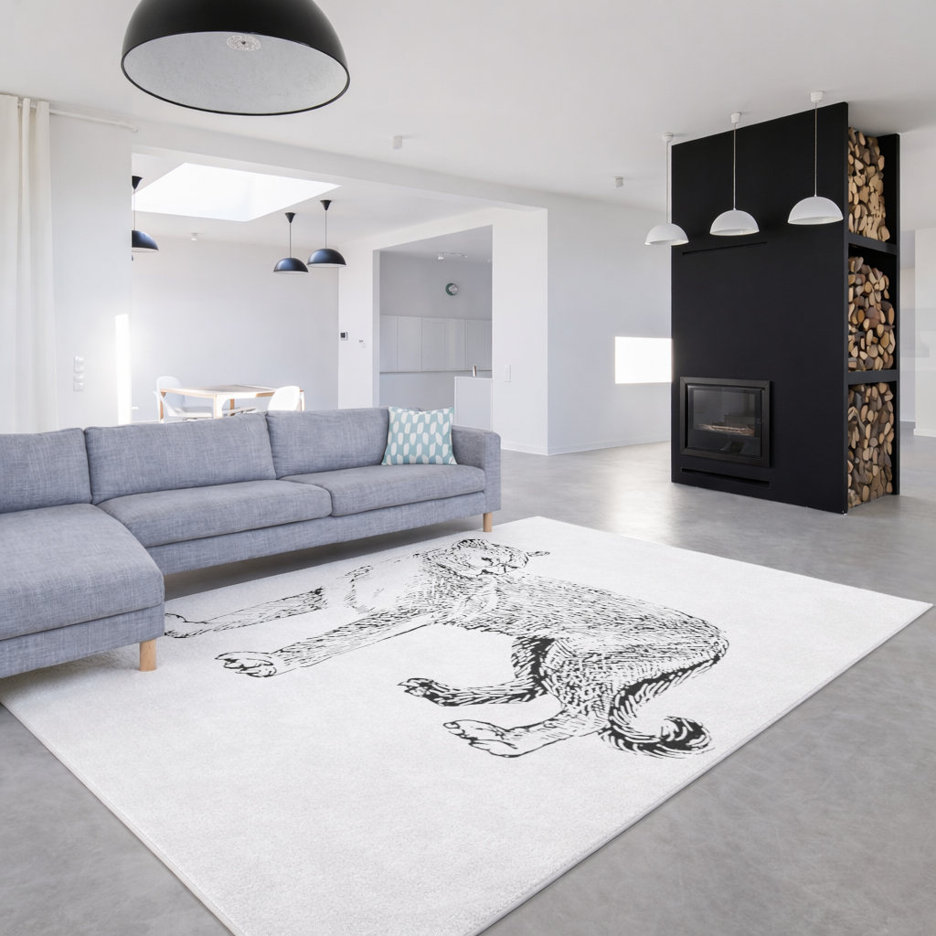 Siyah Beyaz Vahşi Kedi Eskiz Çizimi Salon Halısı