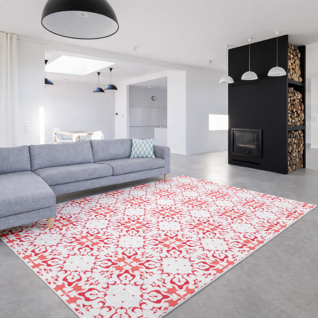 Red and White Traditional Tile Style Pattern Living room carpet