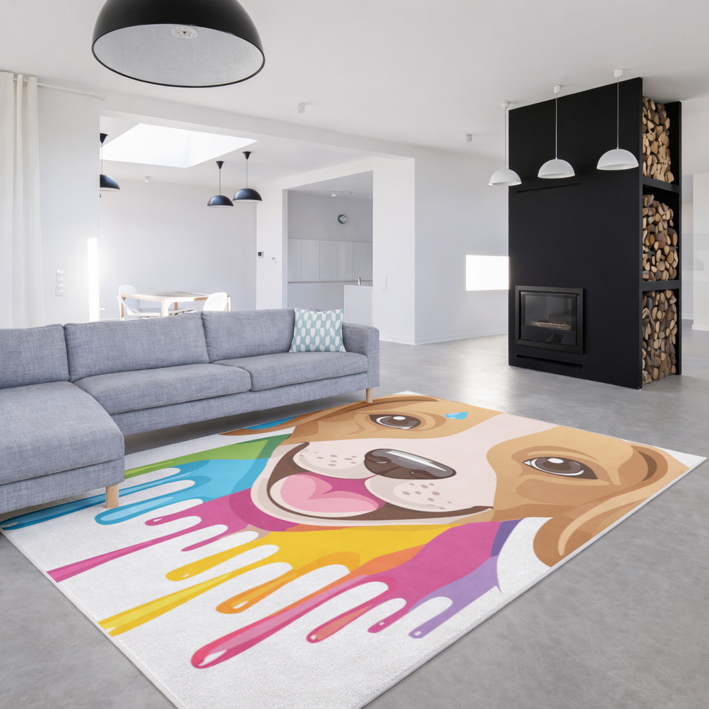 Happy Dog with Colorful Paint Drips Living room carpet