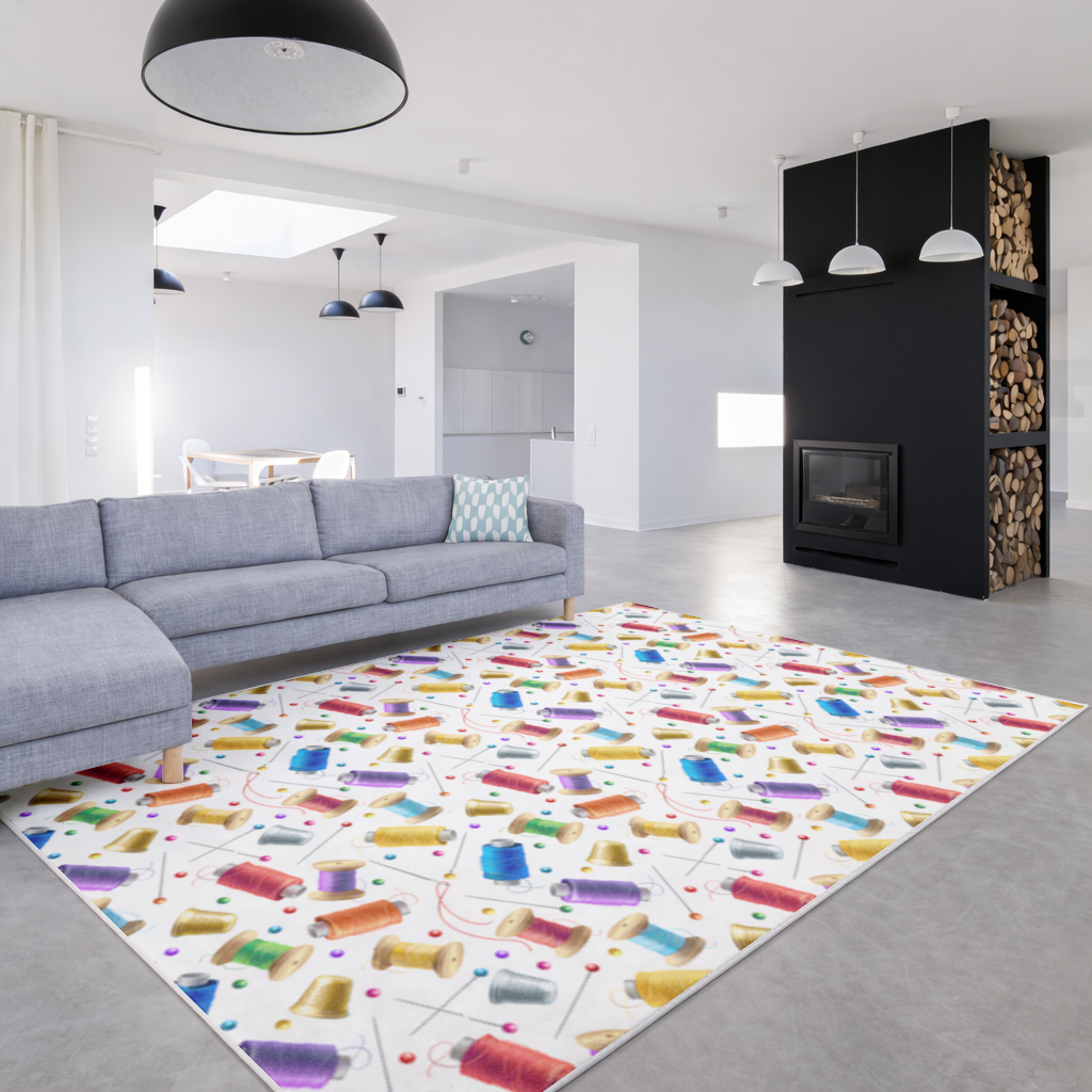 Colorful Thread Spools and Sewing Tools Pattern Living room carpet