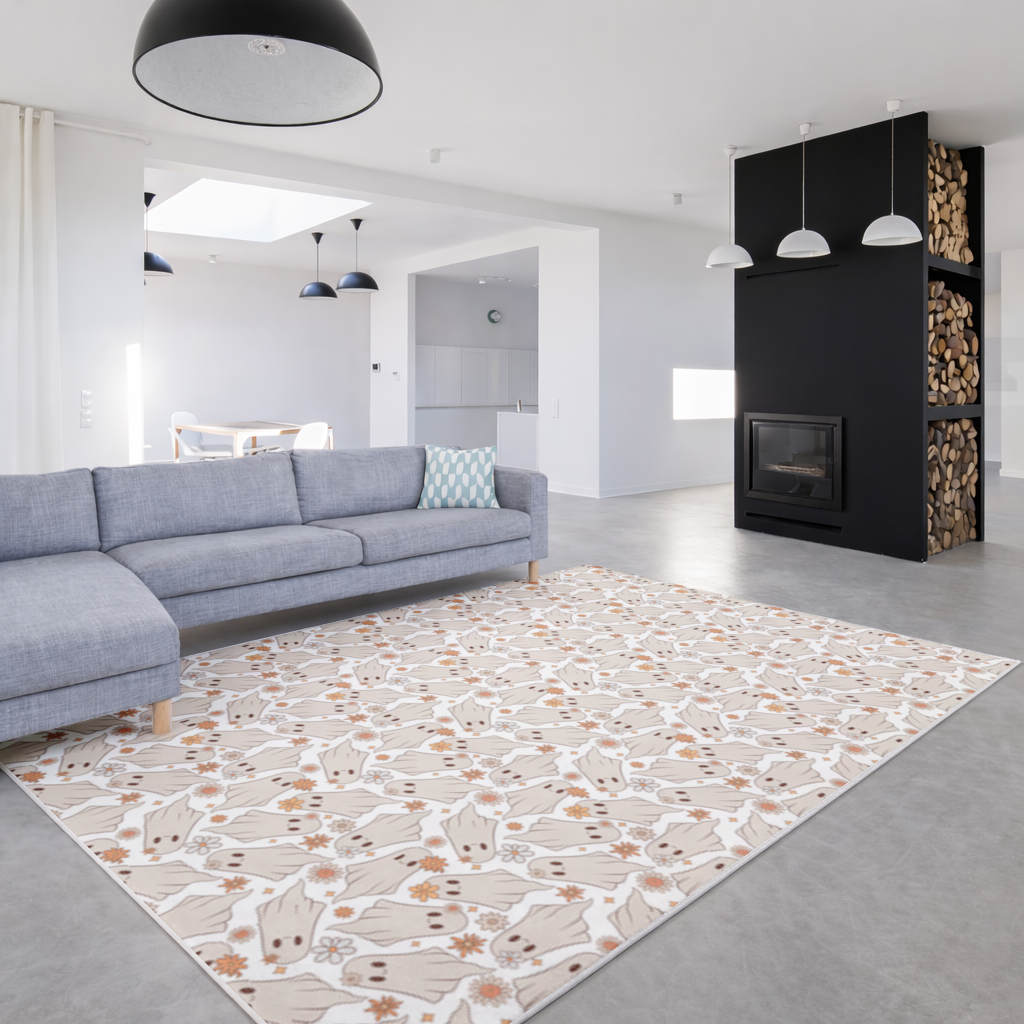 Retro Çiçekli Sevimli Hayalet Deseni Salon Halısı