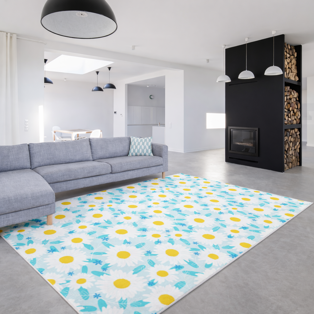 Daisy Garden and Turquoise Leaves Pattern Living room carpet