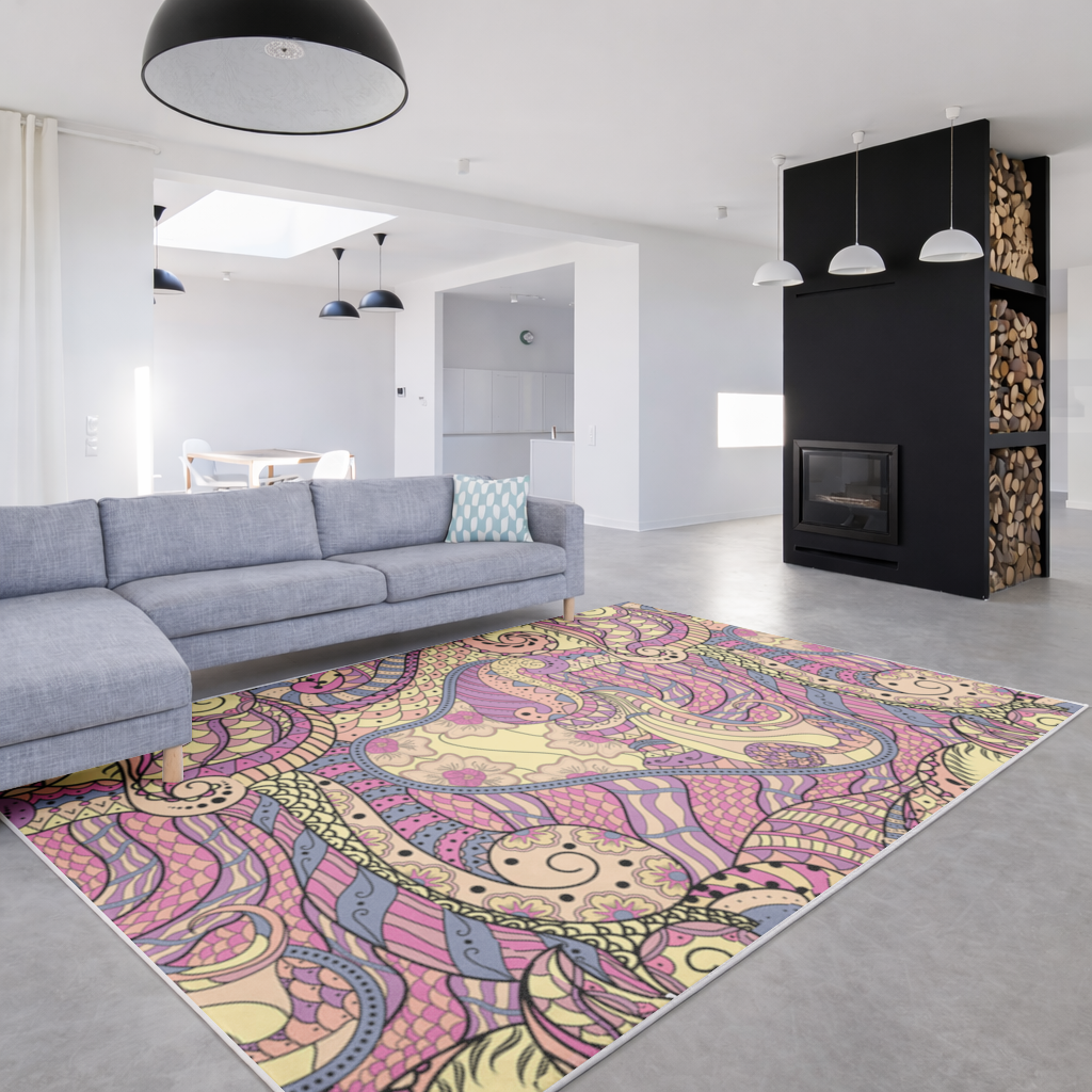 Psychedelic Zentangle Çiçek Salon Halısı