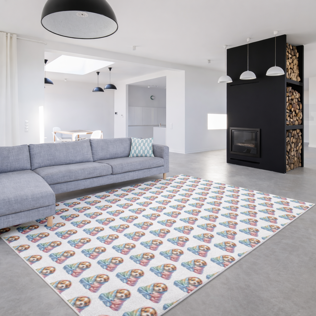Cute Puppy Wrapped in Colorful Blanket Living room carpet
