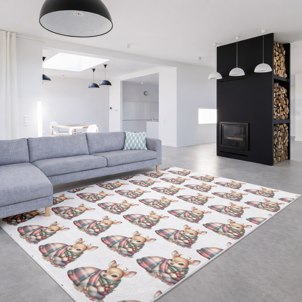 Kawaii Baby Deer with Plaid Scarf Living room carpet