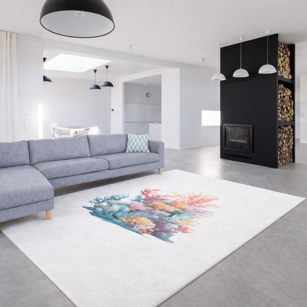 Vibrant Watercolor Coral Reef Scene Living room carpet