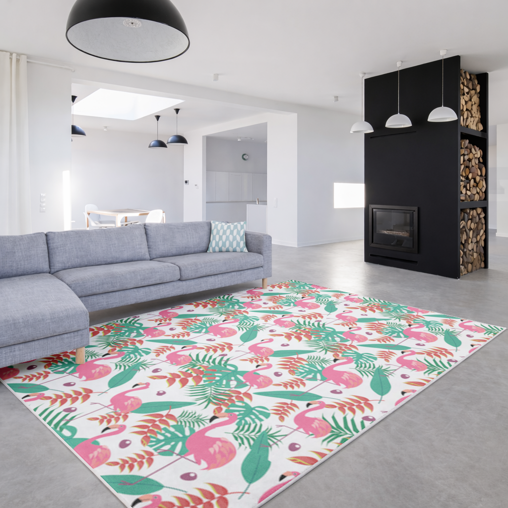 Pembe Flamingo Tropikal Yapraklar Salon Halısı