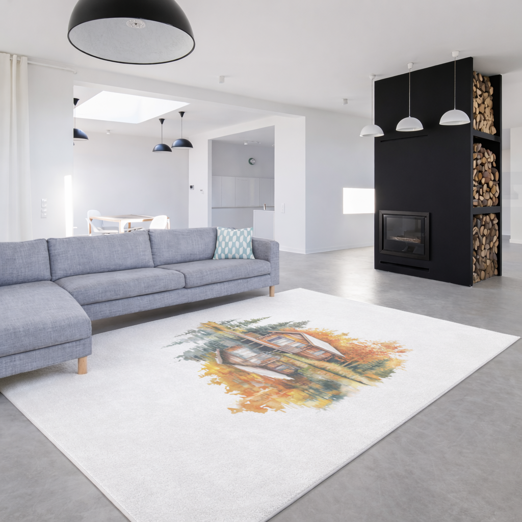 Lakeside Log Cabin Autumn Landscape Living room carpet