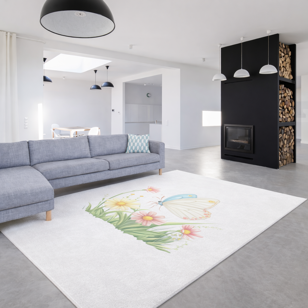 Whimsical Pastel Butterfly and Wildflowers Living room carpet