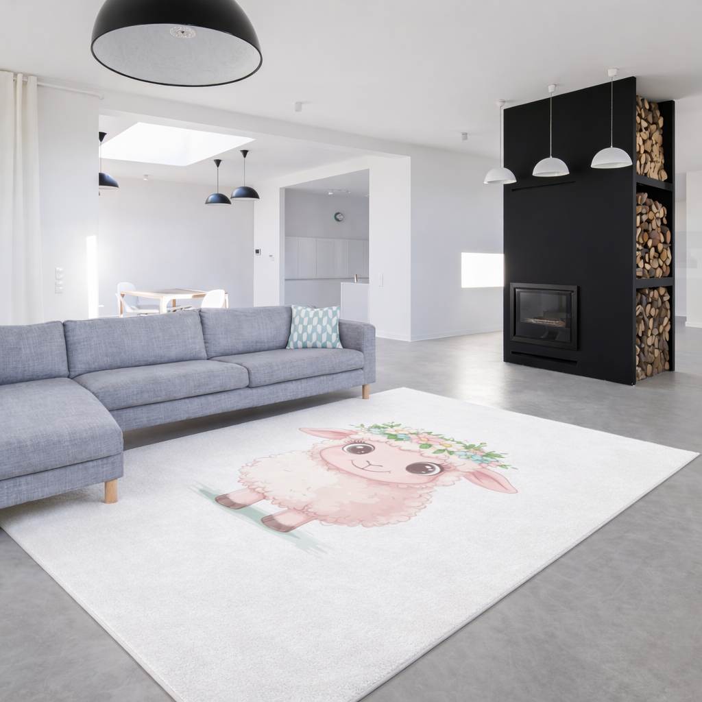 Kawaii Çiçek Taçlı Pembe Kuzu Salon Halısı