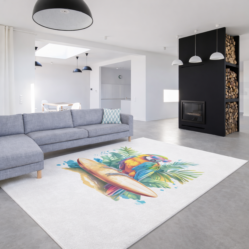 Sörf Yapan Güneş Gözlüklü Papağan Salon Halısı