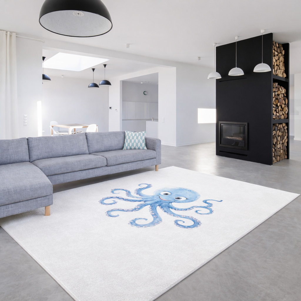 Sevimli Mavi Suluboya Ahtapot Salon Halısı