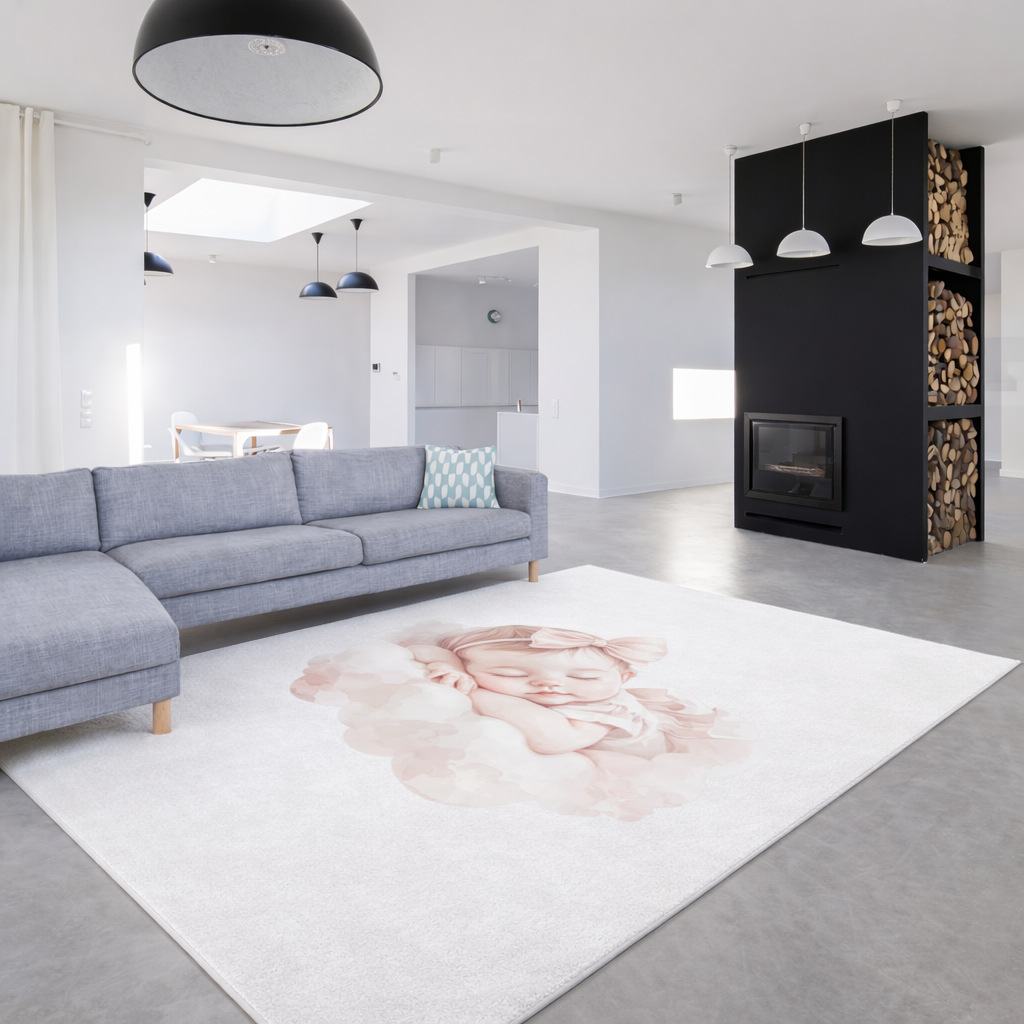 Pembe Kurdeleli Uyuyan Kız Bebek Salon Halısı