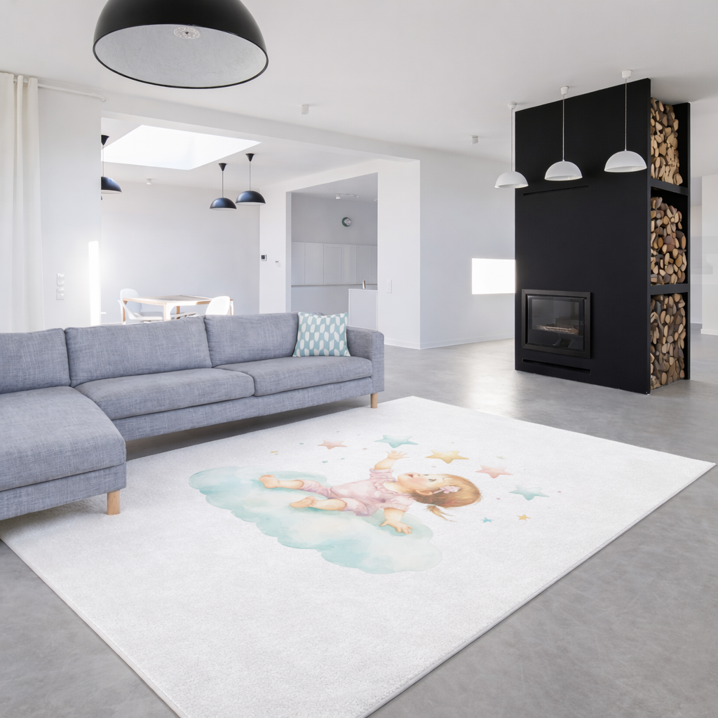 Baby Girl Reaching for Stars on a Cloud Living room carpet