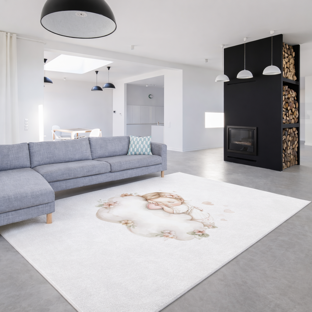 Bulut Üstünde Uyuyan Çiçekli Bebek Salon Halısı