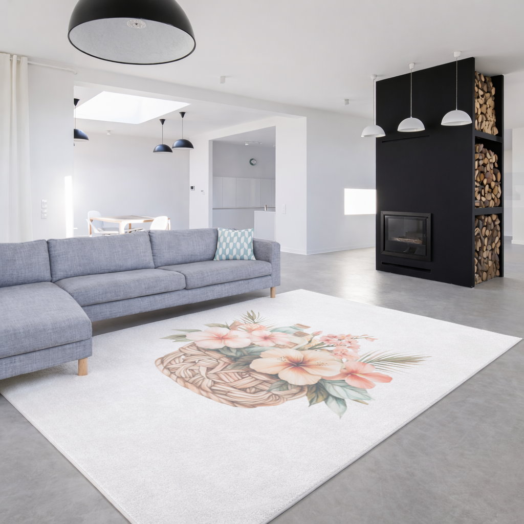 Tropikal Hibiskus Çiçekli Hasır Sepet Salon Halısı