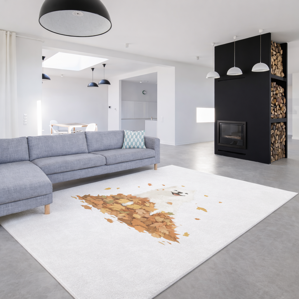 Happy White Dog in Autumn Leaves Living room carpet